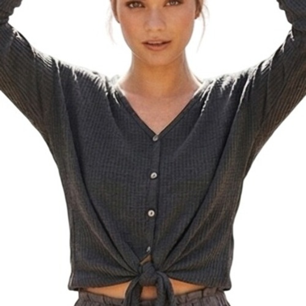 Altar'd State Shirt Womens L Gray Button Front Tie Hem Long Sleeve Top Casual